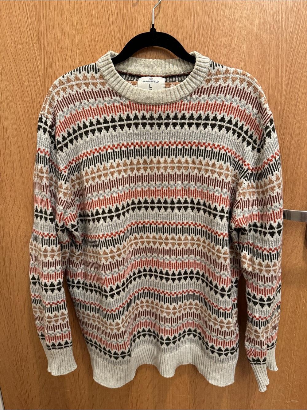 Crewneck Fair Isle Knit Sweater in Cream with Rust and Black